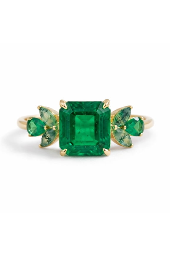 Asscher Cut Emerald, Marquise Cut Moss Agate Ring, Pear Cut Emerald Floral Design Ring, Minimalist Ring, Nature Inspired Ring, May Birthstone Ring, Handmade Jewelry