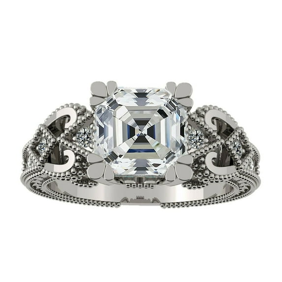 Asscher Cut Engagement Ring, Pure Brilliance Cubic Zirconia, Vintage Look-14K White Gold-Size 6.5