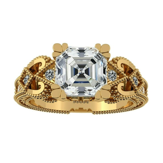 Asscher Cut Engagement Ring, Pure Brilliance Cubic Zirconia, Vintage Look-14K Yellow Gold-Size 7
