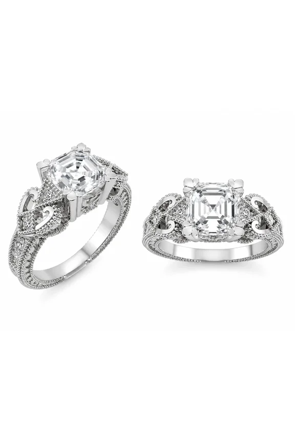 Asscher Cut Engagement Ring, Pure Brilliance Cubic Zirconia, Vintage Look-Platinum Plated -Size 10