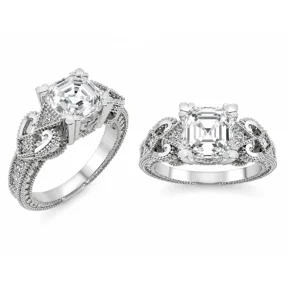 Asscher Cut Engagement Ring, Pure Brilliance Cubic Zirconia, Vintage Look-Platinum Plated -Size 5.5
