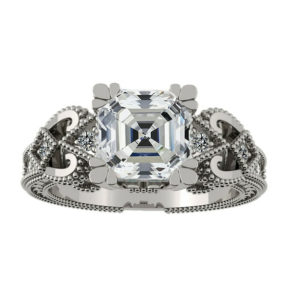 Asscher Cut Engagement Ring, Pure Brilliance Cubic Zirconia, Vintage Look-Platinum Plated -Size 7.5