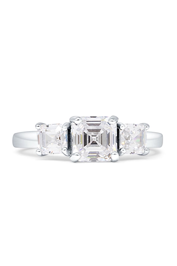 Asscher Cut Engagement Ring Three Stone Cubic Zirconia White Tone 925 Sterling Silver, Size 9