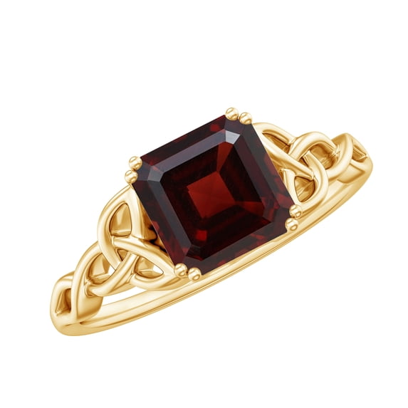 Rosec Jewels Asscher Cut Garnet Solitaire Ring for Women, Celtic Knot Ring (6 mm), 18K Yellow Gold, US 7.50