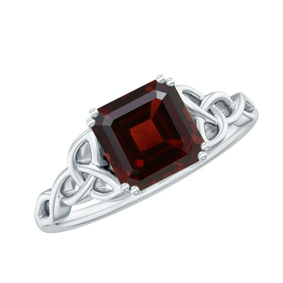 Rosec Jewels Asscher Cut Garnet Solitaire Ring for Women, Celtic Knot Ring (6 mm), 925 Sterling Silver, US 4.00