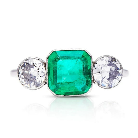 Asscher Cut Green Emerald Ring, Three Stone Diamond Engagement Ring, Past Present Future Diamond Ring, Bezel Set Ring, Filigree Shank Ring, 925 Sterling Silver, 2.1 Ct Simulated Diamond