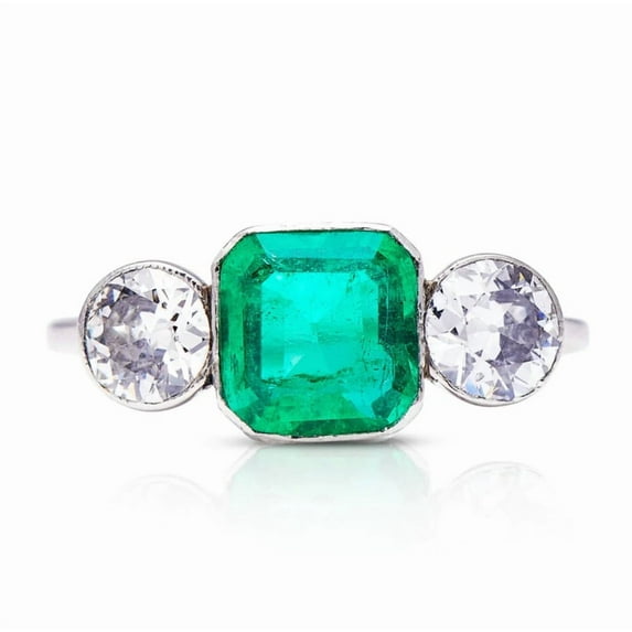 Asscher Cut Green Emerald Ring, Three Stone Diamond Engagement Ring, Past Present Future Diamond Ring, Bezel Set Ring, Filigree Shank Ring, 925 Sterling Silver, 2.1 Ct Simulated Diamond