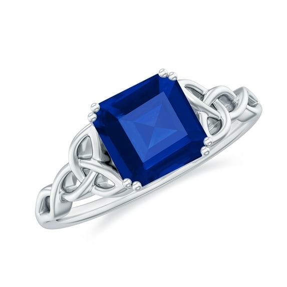 Rosec Jewels Asscher Cut Lab Grown Blue Sapphire Solitaire Ring, Celtic Knot Ring - 8 mm, 14K White Gold, US 12.50