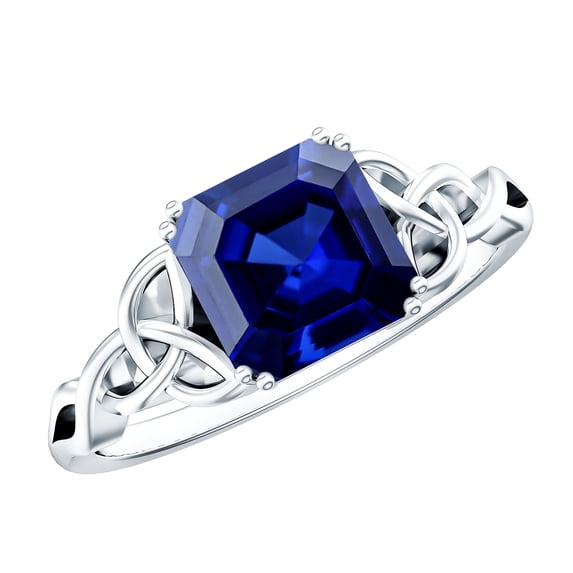 Rosec Jewels Asscher Cut Lab Grown Blue Sapphire Solitaire Ring, Celtic Knot Ring - 4.8 Carat - AAAA Quality, 14K White Gold, US 12.50