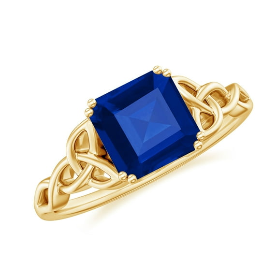 Rosec Jewels Asscher Cut Lab Grown Blue Sapphire Solitaire Ring, Celtic Knot Ring - 8 mm, 14K Yellow Gold, US 5.50