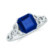 Rosec Jewels Asscher Cut Lab Grown Blue Sapphire Solitaire Ring, Celtic Knot Ring - 8 mm, 925 Sterling Silver, US 4.00