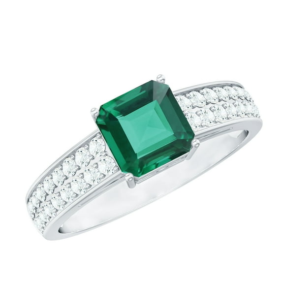 Rosec Jewels Asscher Cut Lab Grown Emerald Solitaire Ring for Women with Diamond, 18K White Gold, US 7.50