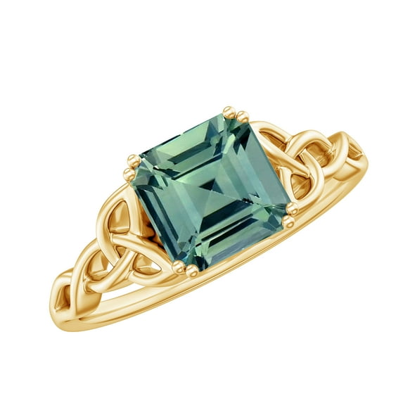 Rosec Jewels Lab Grown Green Sapphire Asscher Cut Engagement Ring - Celtic Knot Ring - 8 mm - AAAA Quality Certified, 14K Yellow Gold, US 3.50