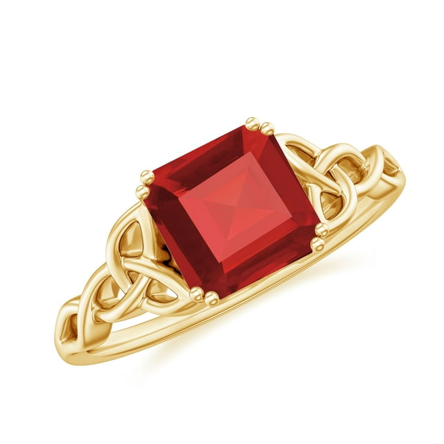 Rosec Jewels Asscher Cut Lab Grown Ruby Solitaire Ring, Celtic Knot Ring - 8 mm, 10K Yellow Gold, US 8.00