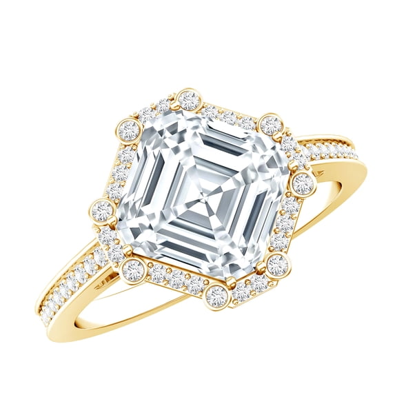 Rosec Jewels Moissanite Engagement Ring with Halo - Art Deco Ring (3 Carat, 8 mm Asscher Cut, D-VS1 Quality), 10K Yellow Gold, US 7.50