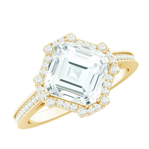 Rosec Jewels Moissanite Engagement Ring with Halo - Art Deco Ring (3 Carat, 8 mm Asscher Cut, D-VS1 Quality), 18K Yellow Gold, US 8.50