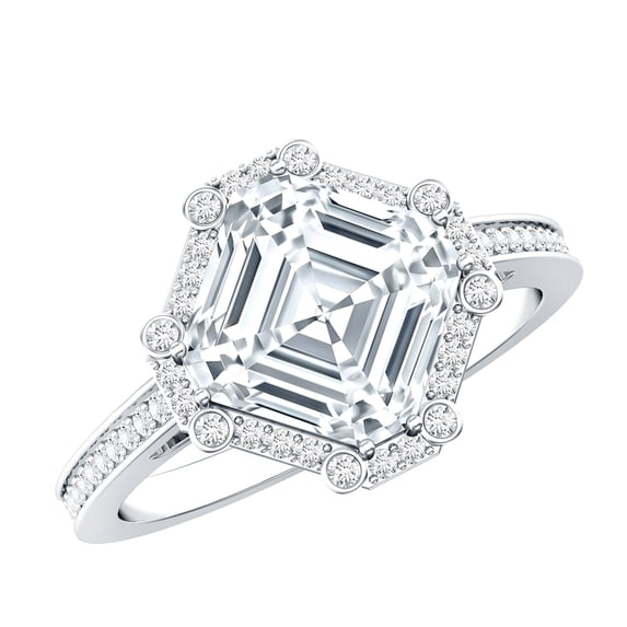 Rosec Jewels Moissanite Engagement Ring with Halo - Art Deco Ring (3 Carat, 8 mm Asscher Cut, D-VS1 Quality), 925 Sterling Silver, US 4.00