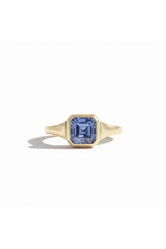 Asscher Cut Solitaire Blue Sapphire Engagement Ring, Minimalist Signet Band Ring, Anniversary Gift For Wife, Blue Gemstone Proposal Ring, September Birthstone Ring
