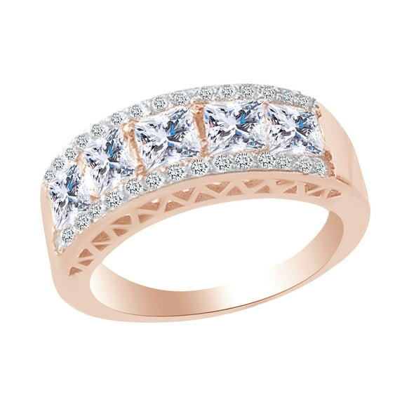 AFFY Asscher &Round Shape White Cubic Zirconia Anniversary Band Ring In 925 Sterling Silver Ring Size-8.5