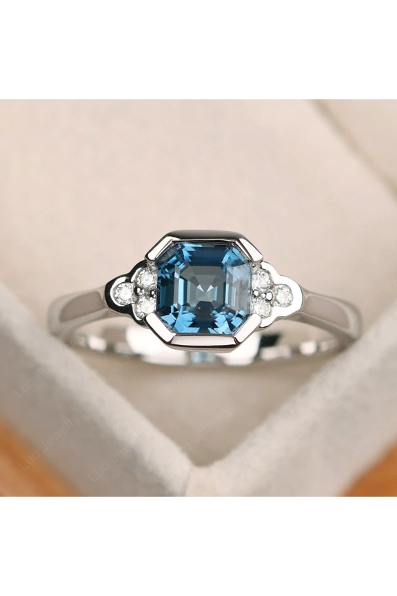 Asscher cut London blue topaz promise ring, solid sterling silver, November birthstone ring