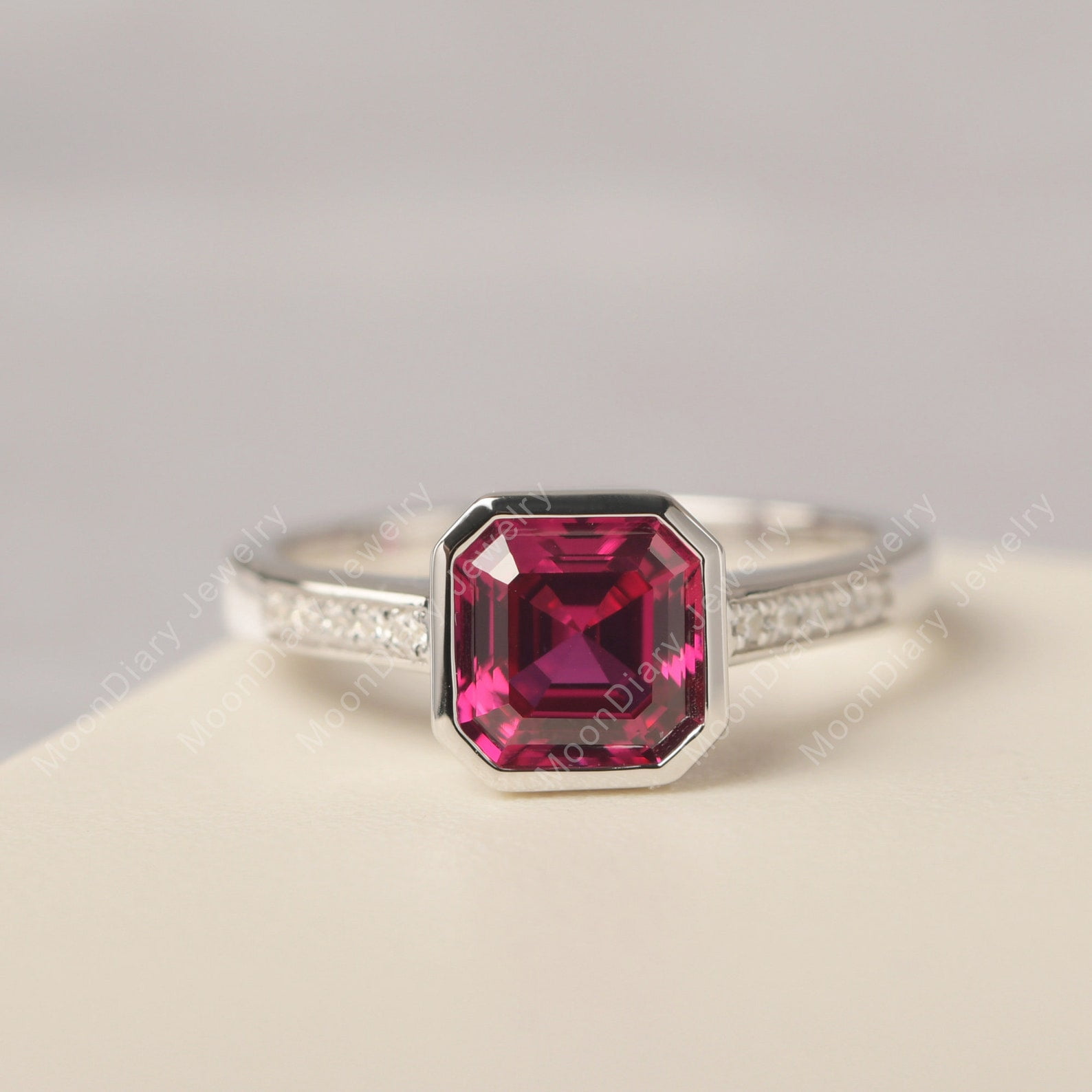 Asscher cut wedding ring bezel set ruby proposal ring July birthstone ...