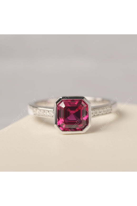 Asscher cut wedding ring bezel set ruby proposal ring July birthstone unique anniversary gifts for her