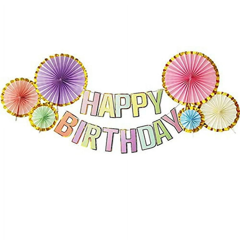 Assembled Happy Birthday Banner with Colorful Hanging Paper Fans for Pastel Rainbow Party Decorations