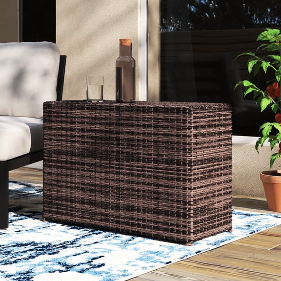Assembled Outdoor Side Table | Used in Porch or Sectional Seating | Rust - Resistant Frame with Espresso Wicker | Features Two Drink Holders