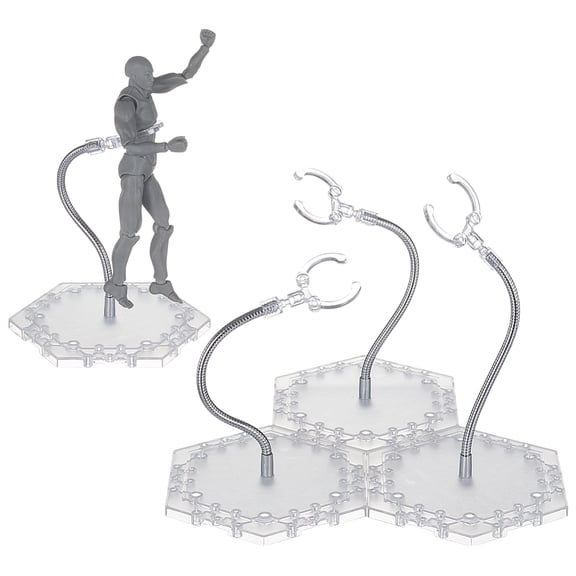 Assembled Plastic Action Figure Display Stands with Adjustable Alloy Support Arm Minifigures Display Holder Clear 11.5x11x17.7cm