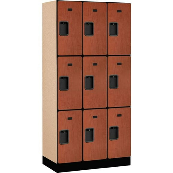 Assembled Triple Tier 9 Door Designer Wood Locker, Cherry - 12 x 18 x 24 in.