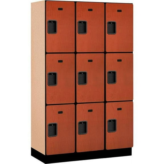 Assembled Triple Tier 9 Door Extra Wide Wood Locker, Cherry - 15 x 18 x 24 in.