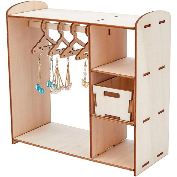 Assembled Wooden Doll Closet Earring Hanging Display Stands Dollhouse Wardrobe Earring Organizer Holder with 8Pcs Hangers PapayaWhip 18x8x17.8cm