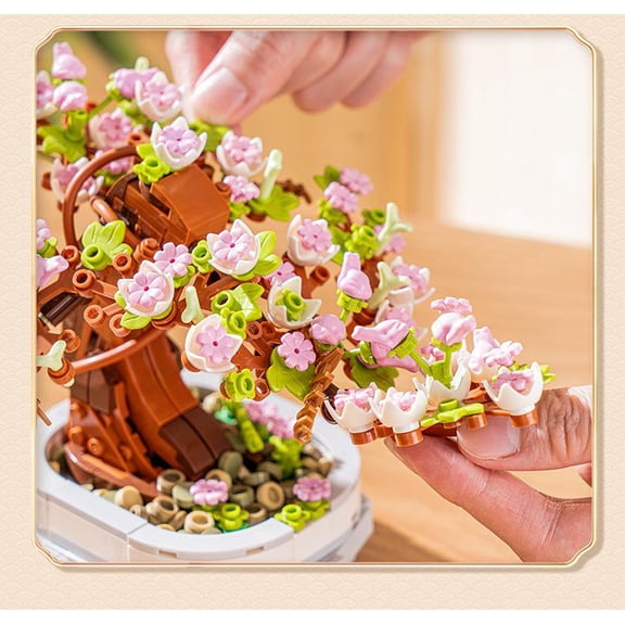 Assembling building blocks, ice powder peach blossom lucky potted plants, attracting wealth, large orange decorations, eternal flowers, assembling toys