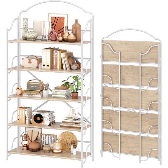 No Assembly Extra Wide Folding Bookshelf for Living Room, 5 Tiers Collapsible Book Shelves Open Industrial Foldable Bookcase Storage Shelf for Home Office - Cloud Oak
