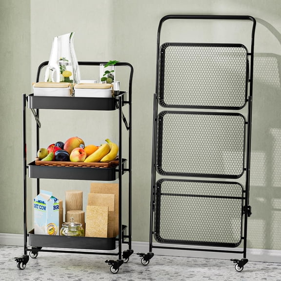 No Assembly Foldable Rolling Cart, 3 Tier Black Metal Folding Utility Cart with Handle, Heavy Duty Mobile Storage Organizer on Wheels for Office, Garage, Tools & Kitchen (Black)