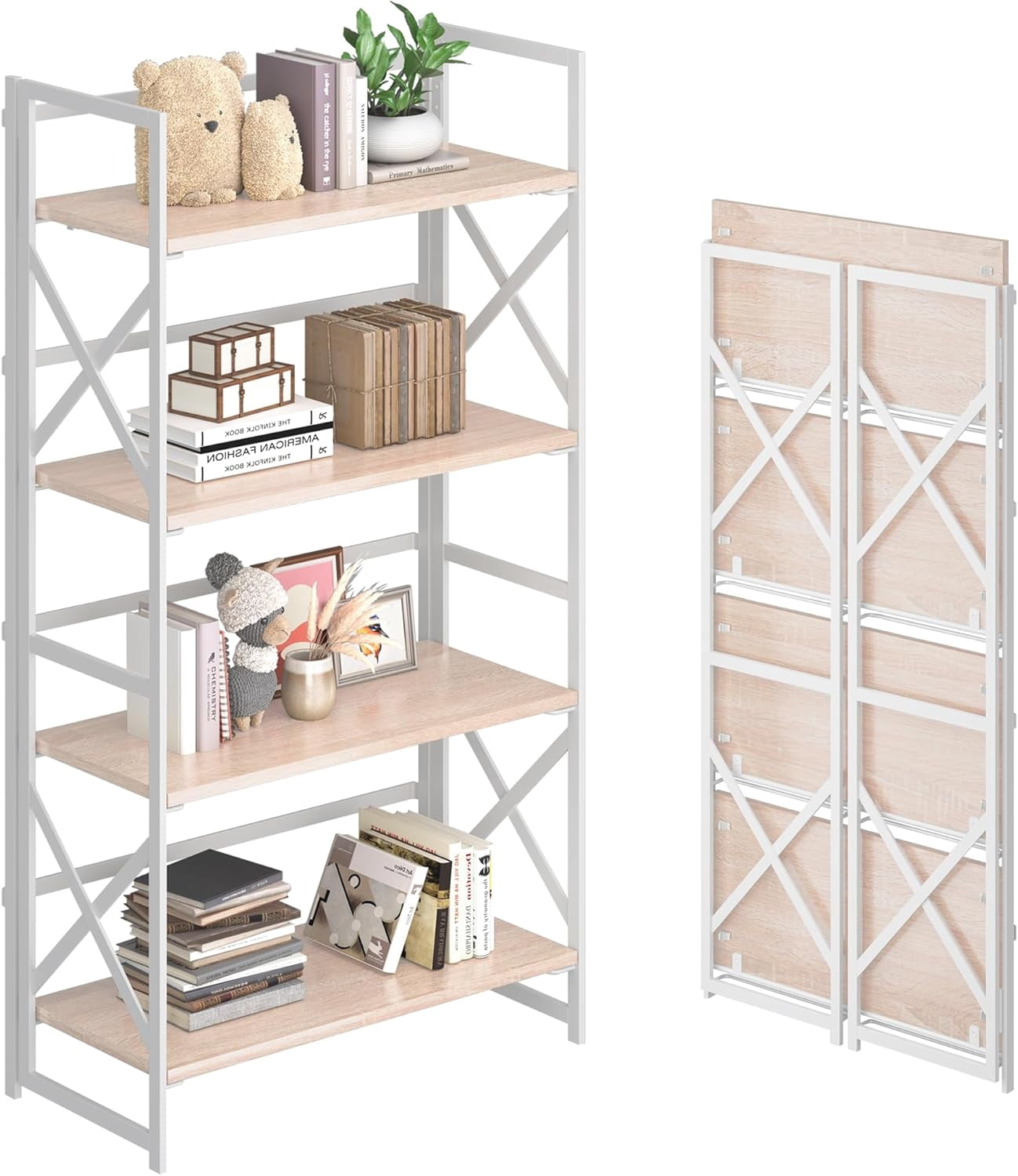 4NM 5-Tier Folding Bookshelf - No Assembly, Vintage Style, Rustic Brown & Black-700605