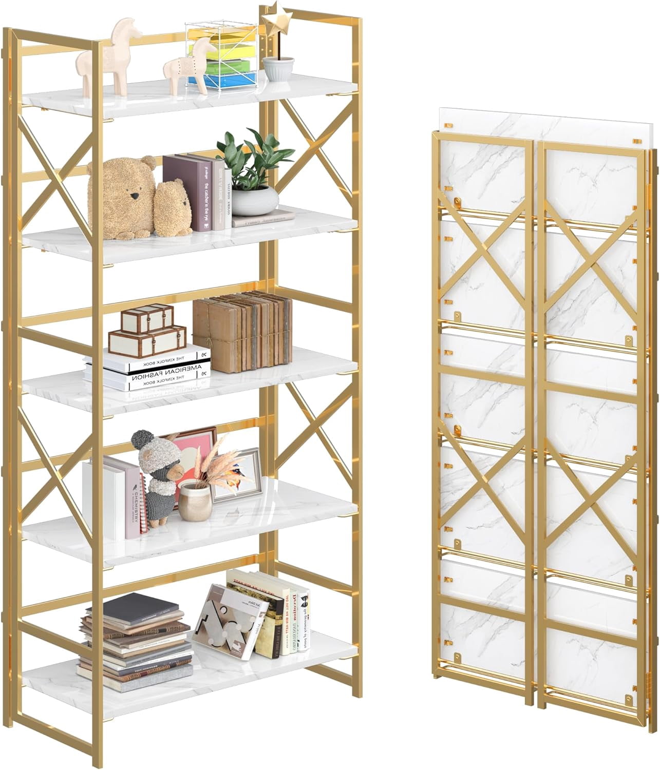 White Large Storage Racks No Assembly Folding Bookshelf Storage Shelves 5 Tiers, Foldable Vintage ...