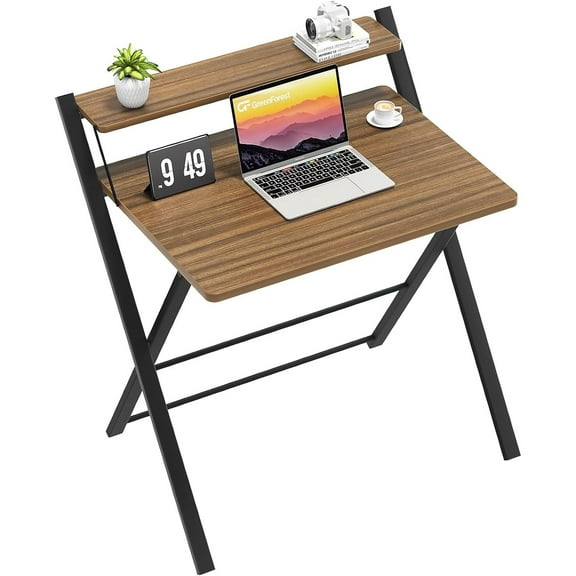 No Assembly Folding Desk, 2-Tier Compact Computer Desk with Shelf, Space Saving Foldable Table for Home Office, Dorm or Apartment, Portable Collapsible Sturdy Laptop Desk, Espresso