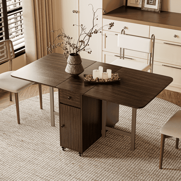 ATJafurn No Assembly 12'' to 57''W Extendable Dining Table with Storage, Moveable Space-Saving Modern Kitchen Table Island with Drop Leaves
