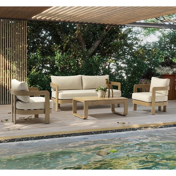 FHVIT Outdoor Aluminum Sofa Set, Assembly Free Sofa, Quick Assembly Coffee Table Wood Grain Veneer Sofa Set for Patio Natural Wood