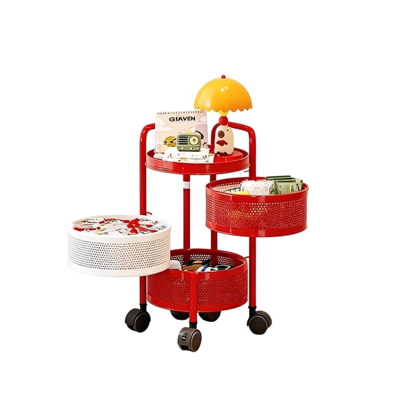 3-Tier Rolling Storage Cart with Wheels, Detachable Metal Rolling Fruit & Vegetable Basket, Kitchen Storage Cart, Vegetable Storage Cart, Round, Red&White