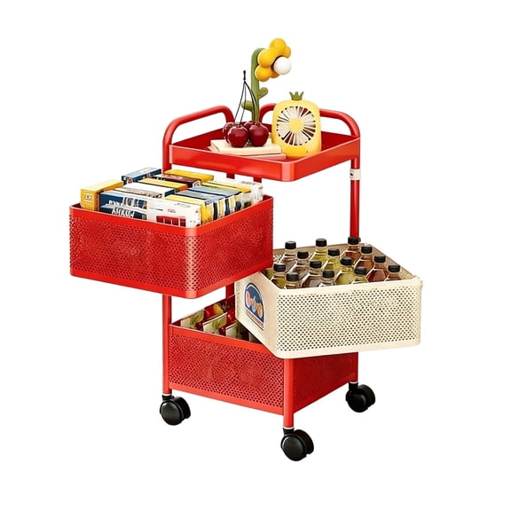 3-Tier Rolling Storage Cart with Wheels, Detachable Metal Rolling Fruit & Vegetable Basket, Kitchen Storage Cart, Square, Vegetable Storage Cart, Red & White