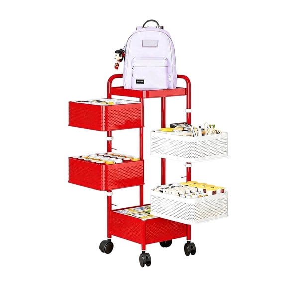 5-Tier Rolling Storage Cart with Wheels, Detachable Metal Rolling Fruit & Vegetable Basket, Kitchen Storage Cart, Vegetable Storage Cart, Square, Red & White