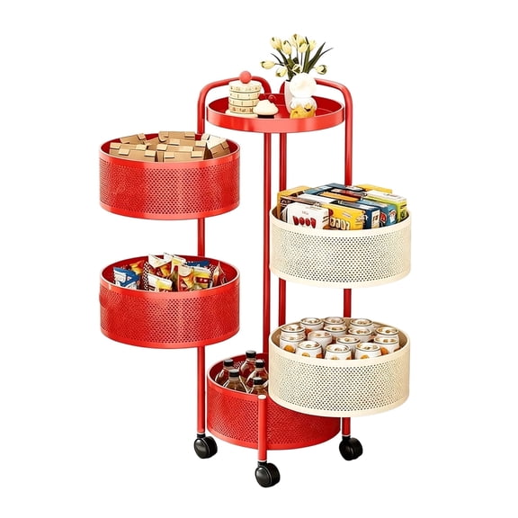 5-Tier Rolling Storage Cart with Wheels, Detachable Metal Rolling Fruit & Vegetable Basket, Kitchen Storage Cart, Vegetable Storage Cart, Round, Red & White