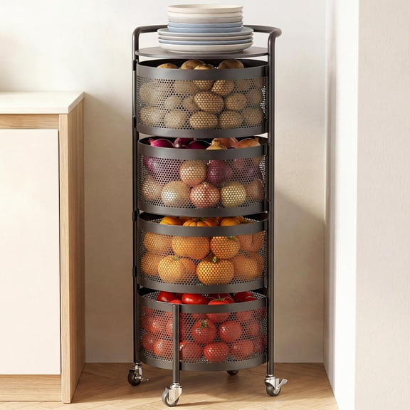 No Assembly Kitchen Storage Cart with Wheels, 4-Tier Rotating Vegetable & Onion Storage Rack, Metal Produce Organizer for Potato, Fruit and Pantry, Black