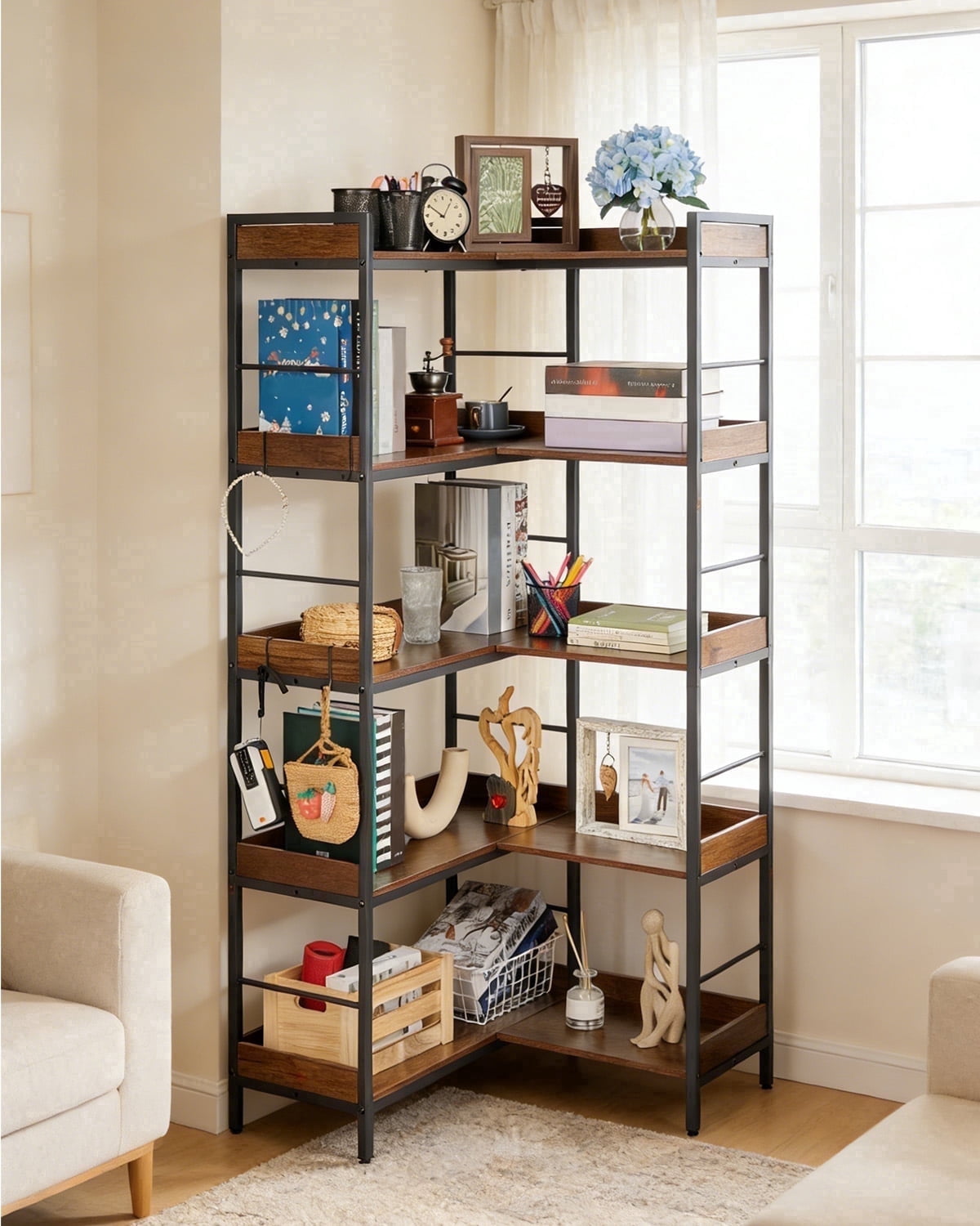 DSstyles Folding Bookcase Storage Rack Geometric 5-Tier No Assembly Needed Sturdy Metal Frame 1-Pack