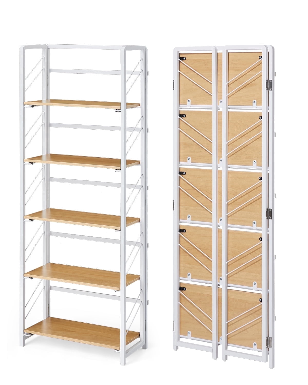 DSstyles Folding 5-Tier Bookcase, Metal Frame, No Assembly Needed, White with Natural Wood Finish