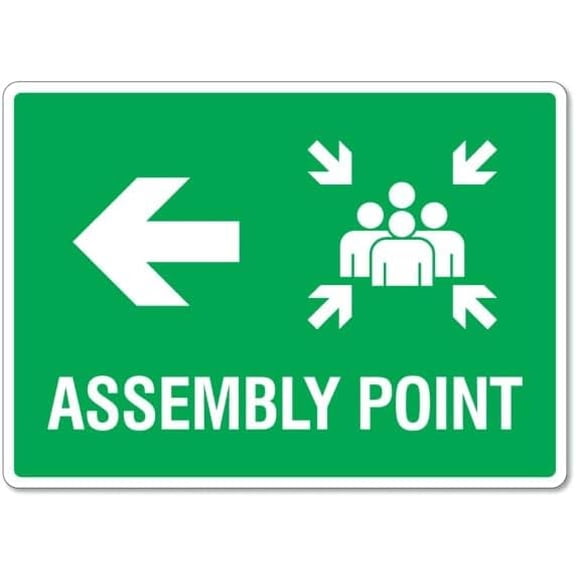 Assembly Point – Left Arrow - Directional Sign Metal Sign 8 x 12 Inches – Clear Signage for Walls, Fences