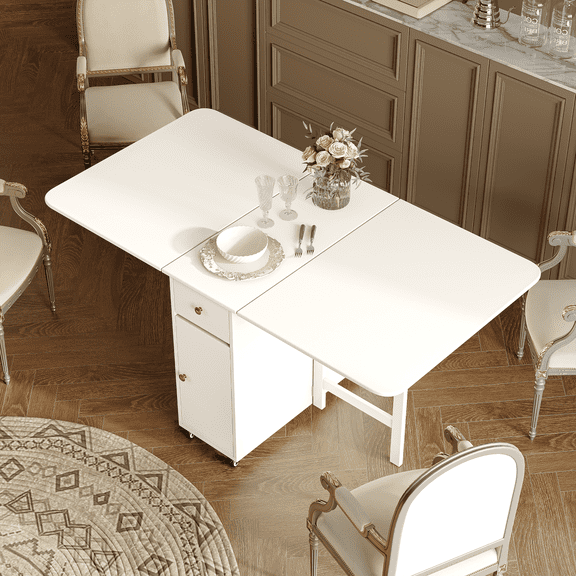 No Assembly Required, 59'' White Folding Dining Table for Small Space, Rectangular Wooden Extendable Drop Leaf Island with Lockable Wheels and Storage for Kitchen Dining Living Room