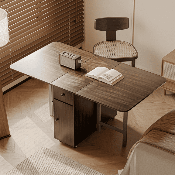 No Assembly Required, 59'' White Folding Dining Table for Small Space, Rectangular Wooden Extendable Drop Leaf Island with Lockable Wheels and Storage for Kitchen Dining Living Room